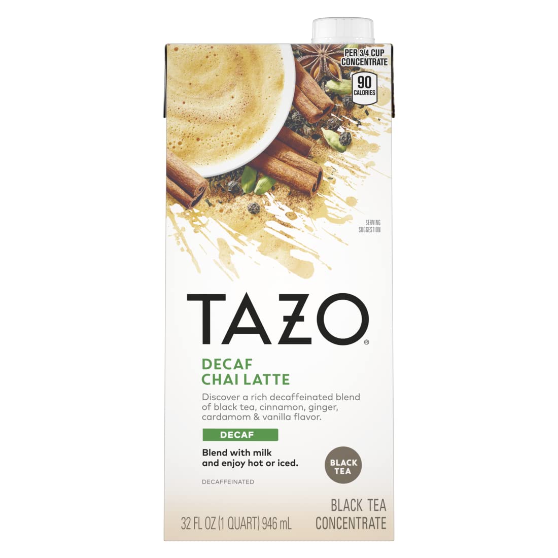 Decaf Chai Latte, Black Tea Concentrate, Easy-To-Serve Chai Tea for Everyday Lattes, Hot or Iced Tea and Mocktails, 32 Oz Tea Mix Carton