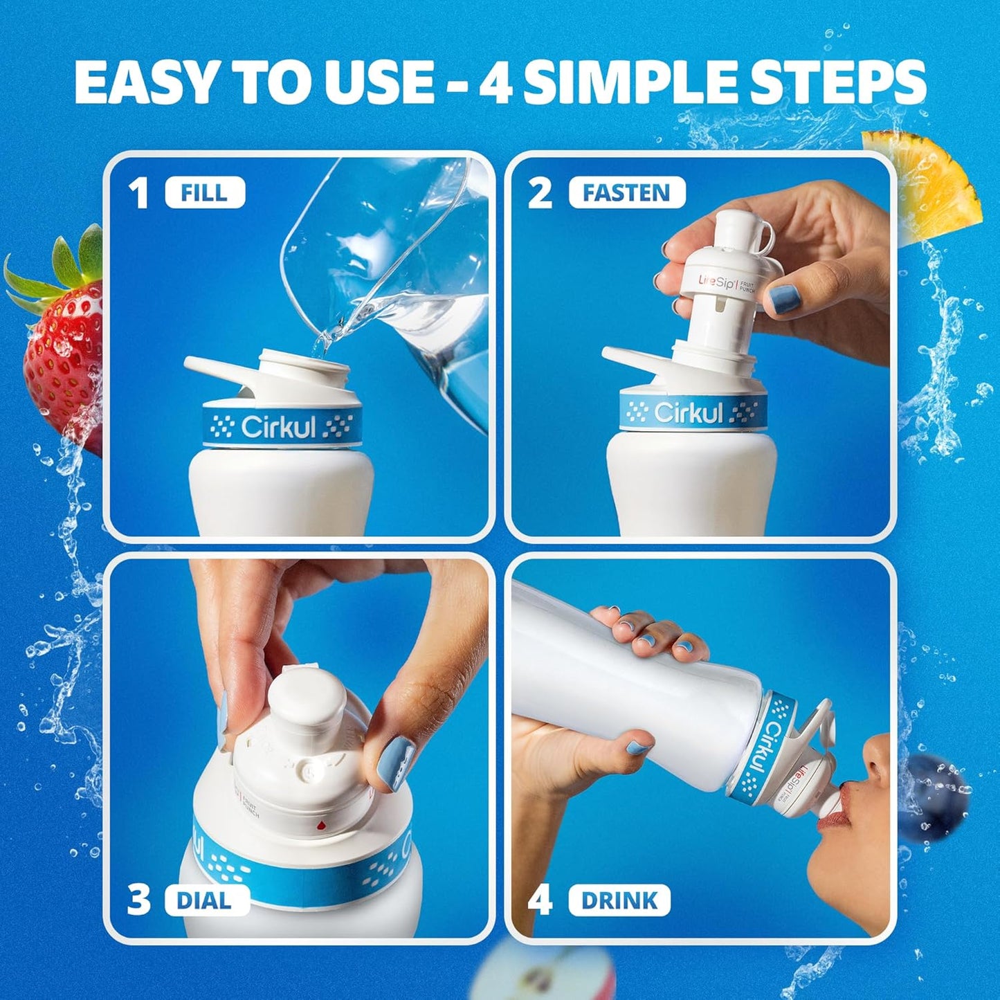 32Oz. Blush Pink Stainless Steel Water Bottle Starter Kit with Pink Lid and 2 Flavor Cartridges (1 Lifesip Strawberry, 1 Gosip Passion Fruit Dragon Fruit) No Sugar, Zero Calorie Drink Mix