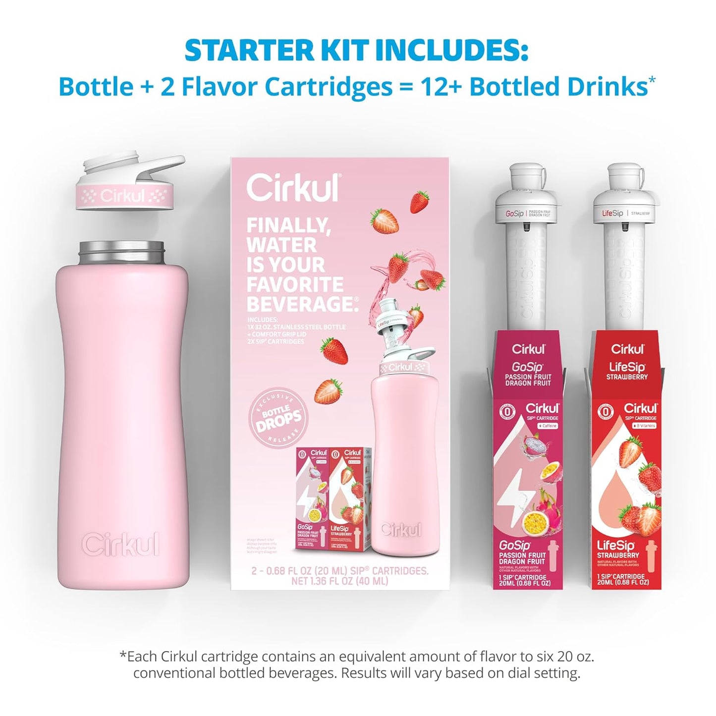 32Oz. Blush Pink Stainless Steel Water Bottle Starter Kit with Pink Lid and 2 Flavor Cartridges (1 Lifesip Strawberry, 1 Gosip Passion Fruit Dragon Fruit) No Sugar, Zero Calorie Drink Mix