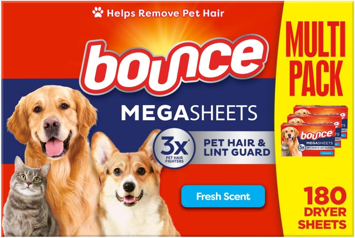 Pet Hair and Lint Guard Mega Dryer Sheets with 3X Pet Hair Fighters, Fresh Scent, 180 Count
