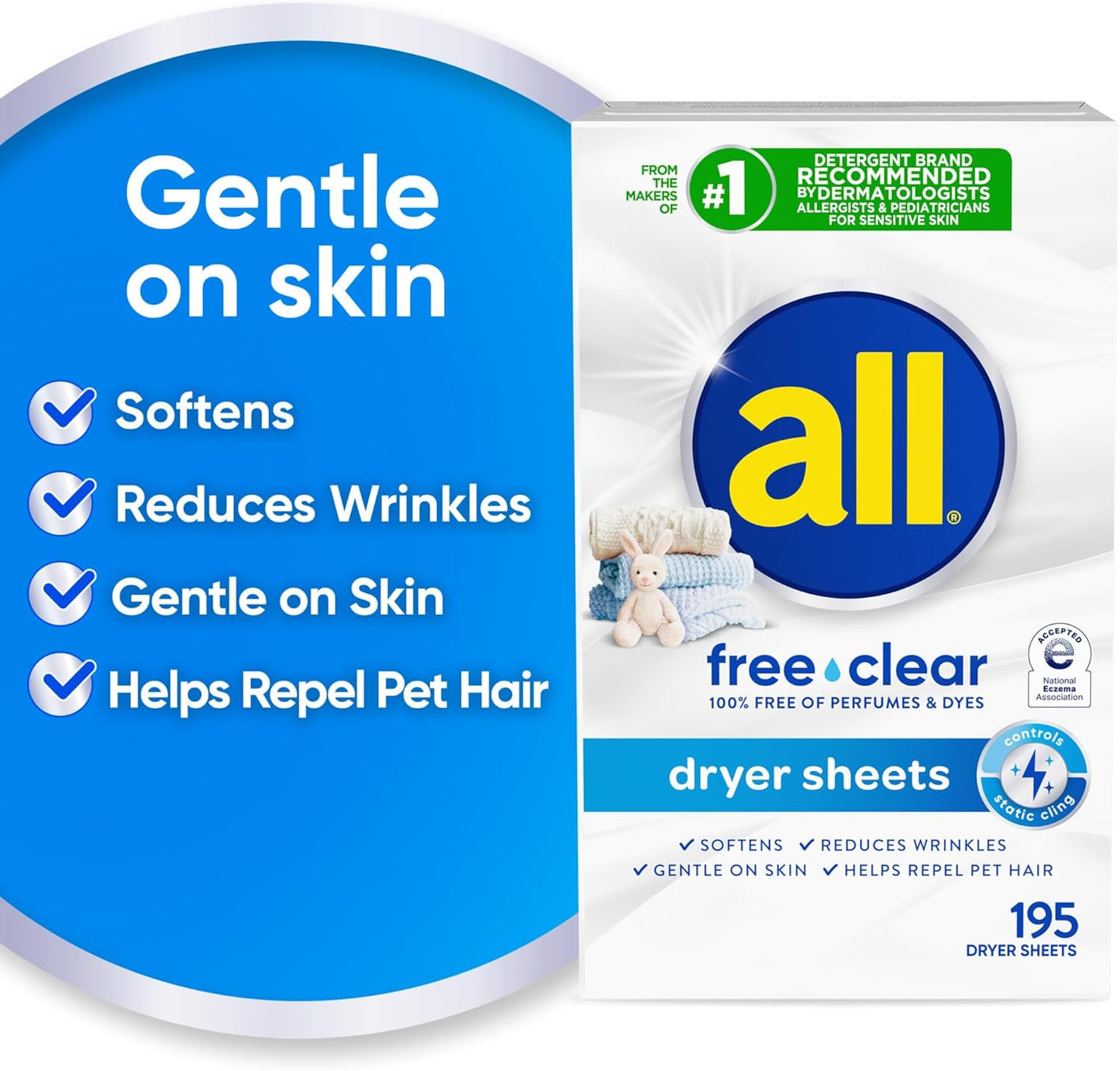 Fabric Softener Dryer Sheets for Sensitive Skin, Free Clear, 195 Count