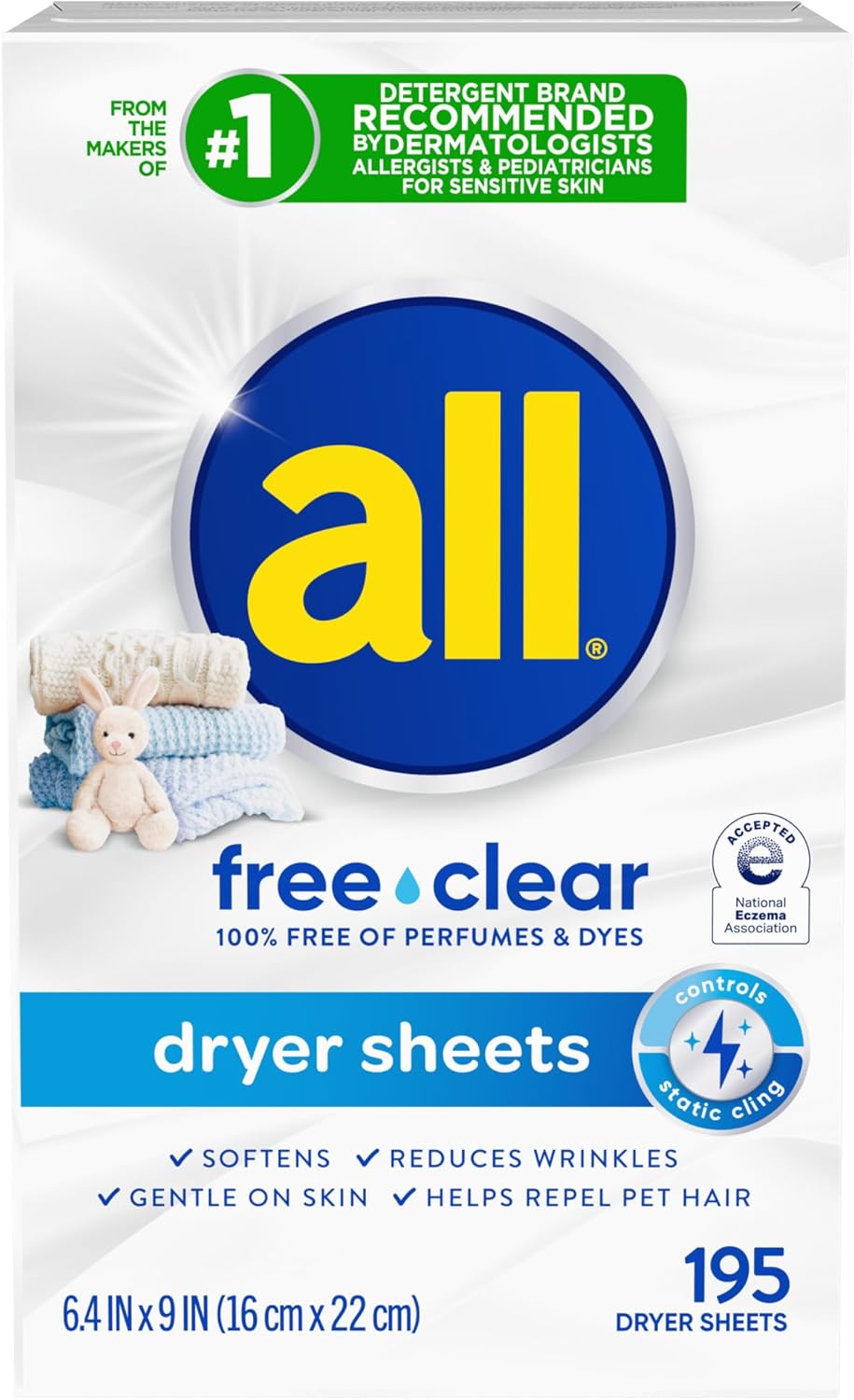 Fabric Softener Dryer Sheets for Sensitive Skin, Free Clear, 195 Count
