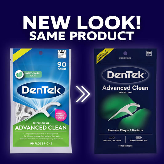 Advanced Clean Floss Picks with No Break & No Shred Dental Floss, Plaque Remover, 90 Count