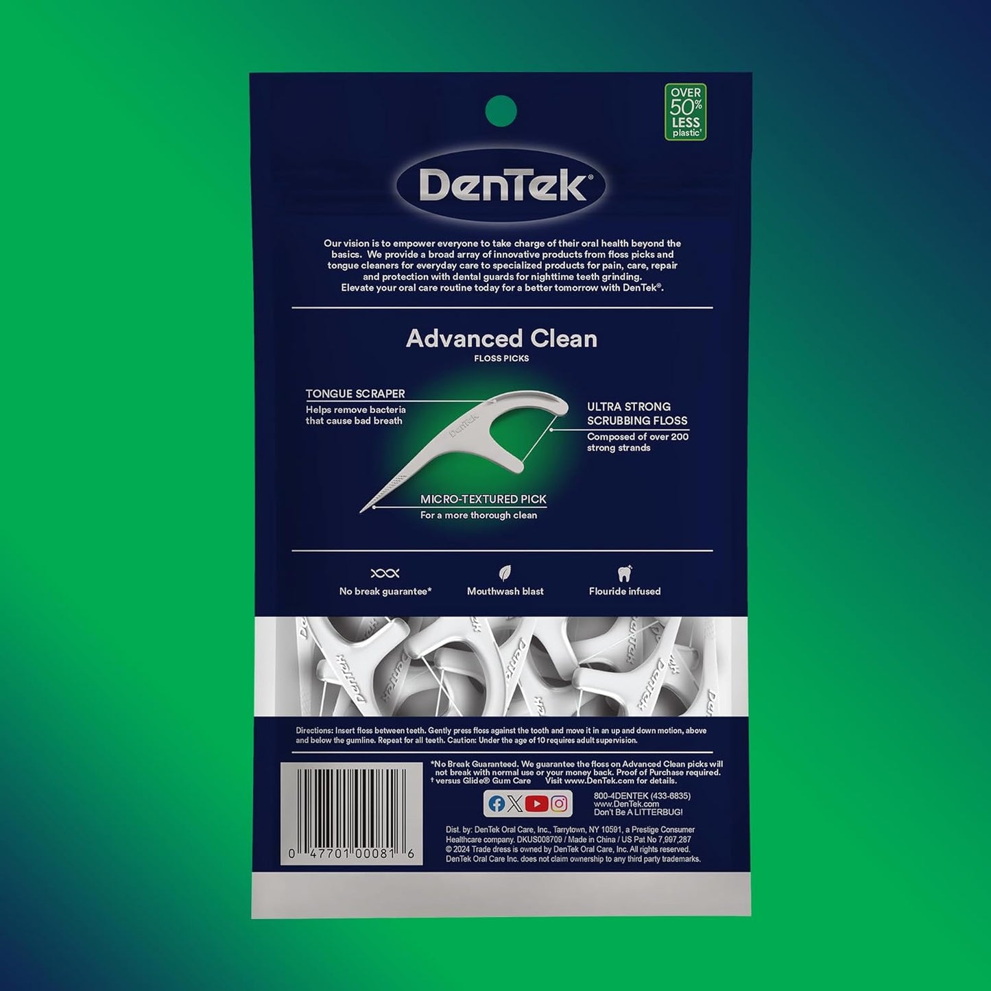 Advanced Clean Floss Picks with No Break & No Shred Dental Floss, Plaque Remover, 90 Count