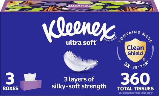 Ultra Soft Facial Tissues, 3 Flat Boxes, 120 Tissues per Box, 3-Ply (360 Total), Packaging May Vary