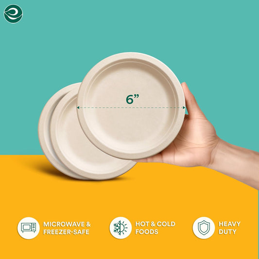 100% Compostable 6 Inch Small Paper Plates (100-Pack) Disposable Party Heavy Duty, Eco-Friendly, Appetizer, Dessert, Wedding Plates I Biodegradable Unbleached Sugarcane Eco Plates