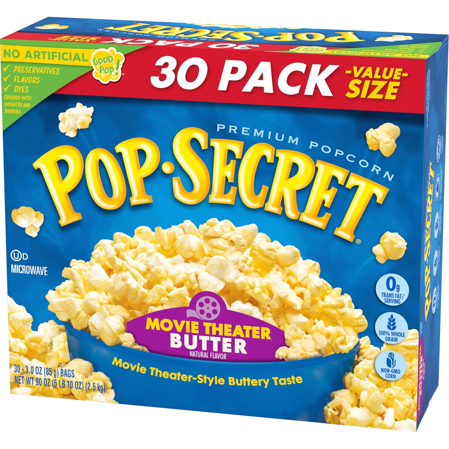 Pop Secret Microwave Popcorn, Movie Theater Butter Flavor, 3 Oz Sharing Bags, 30 Ct