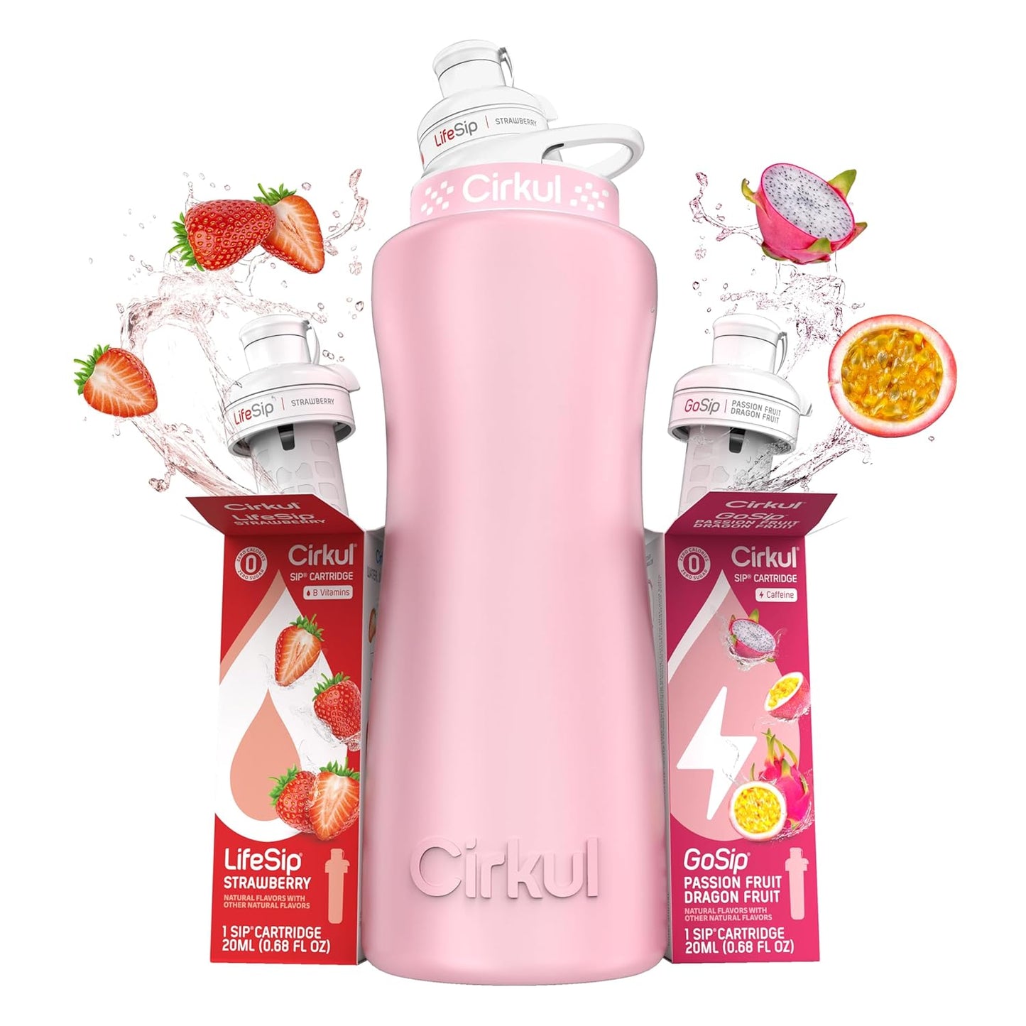32Oz. Blush Pink Stainless Steel Water Bottle Starter Kit with Pink Lid and 2 Flavor Cartridges (1 Lifesip Strawberry, 1 Gosip Passion Fruit Dragon Fruit) No Sugar, Zero Calorie Drink Mix