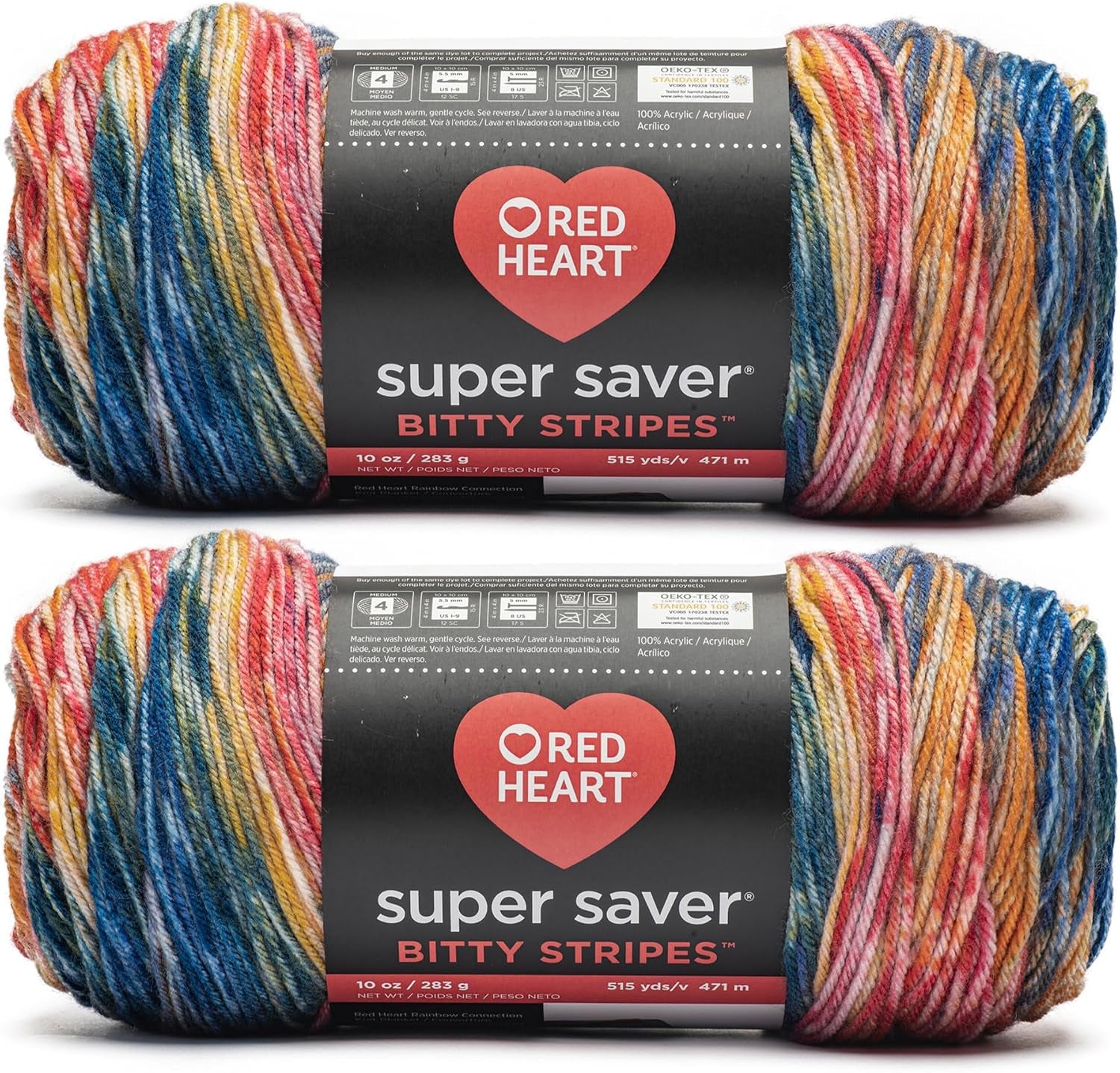 Super Saver Bitty Stripes Sunset Beach Yarn - 2 Pack of 10Oz/283G - 100% Acrylic - #4 Worsted (Medium) - 515 Yards - Knitting/Crochet