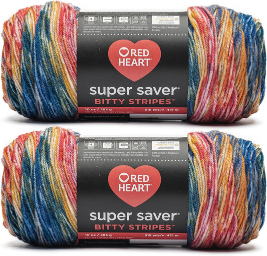 Super Saver Bitty Stripes Sunset Beach Yarn - 2 Pack of 10Oz/283G - 100% Acrylic - #4 Worsted (Medium) - 515 Yards - Knitting/Crochet