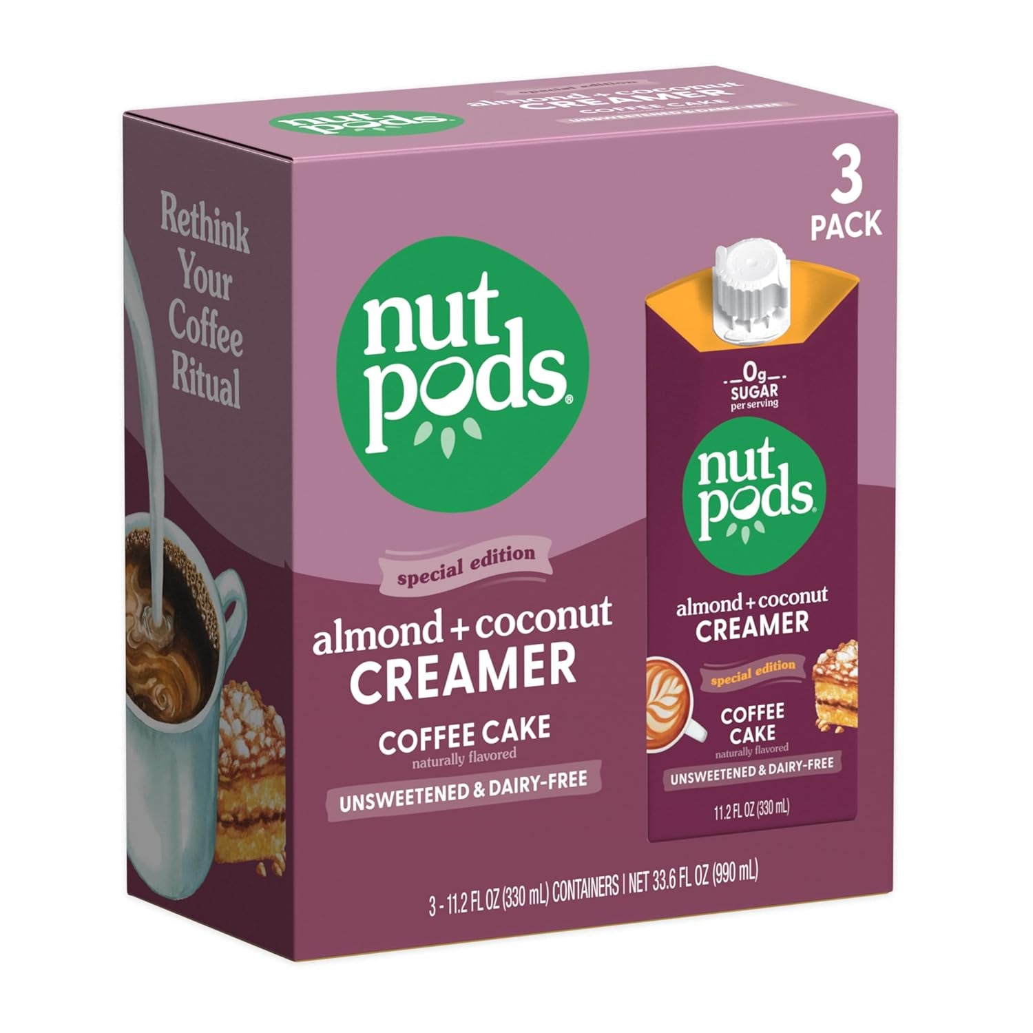 Coffee Cake Unsweetened Dairy-Free Creamer, Made from Almonds and Coconuts, Whole30, Keto, Gluten Free, Non-Gmo, Vegan, Kosher (3-Pack)